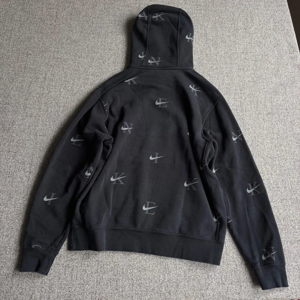 Nike Hoodie Mens M Sportswear Club Fleece Black All Over Print Swoosh Pullover